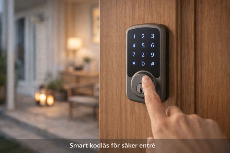 Smart lås på trädörr i svenskt hem