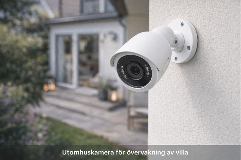 Övervakningskamera monterad på villa i svensk trädgård