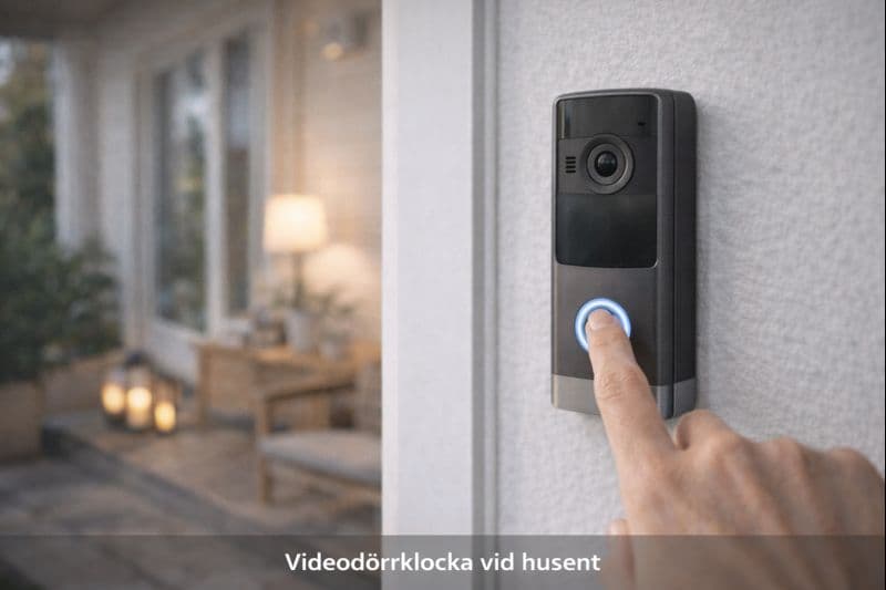Videodörrklocka vid ytterdörr på svensk veranda